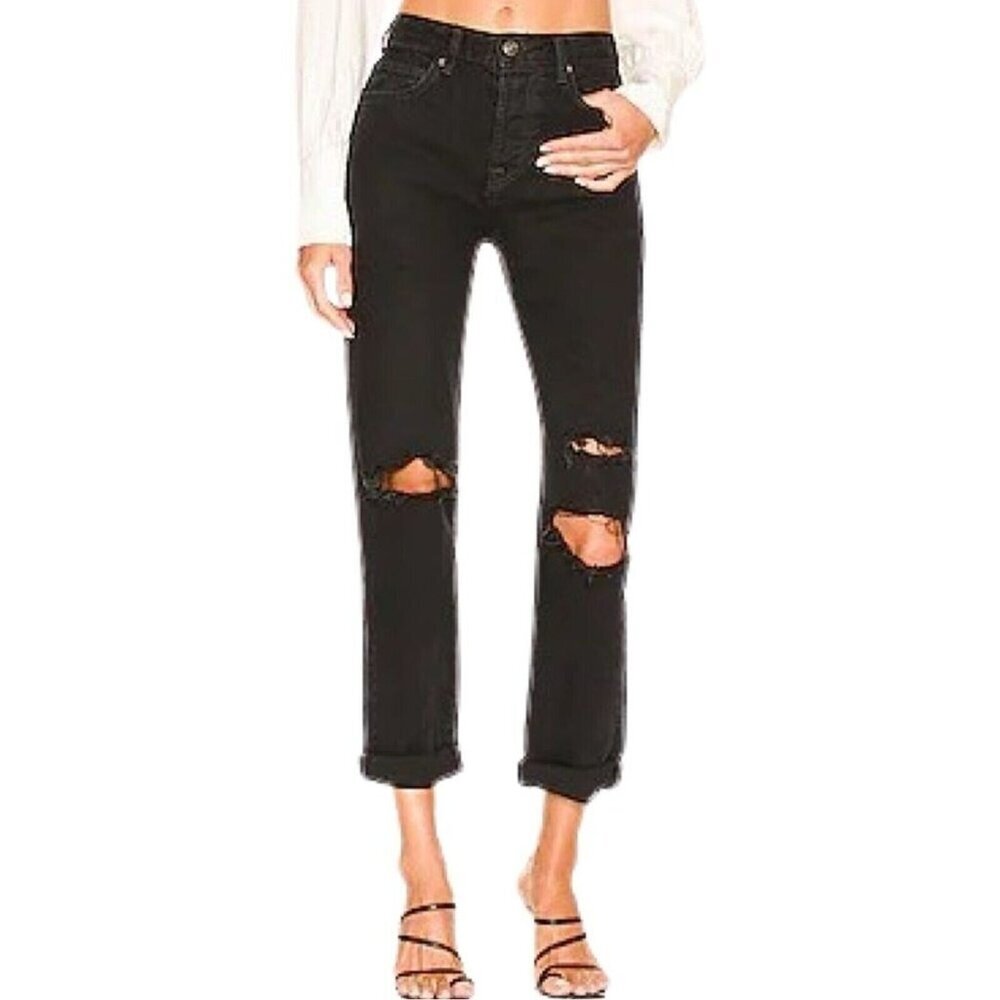 Free People Bren Boyfriend Distressed Black Wash High Rise Button Fly Jeans Sz 2